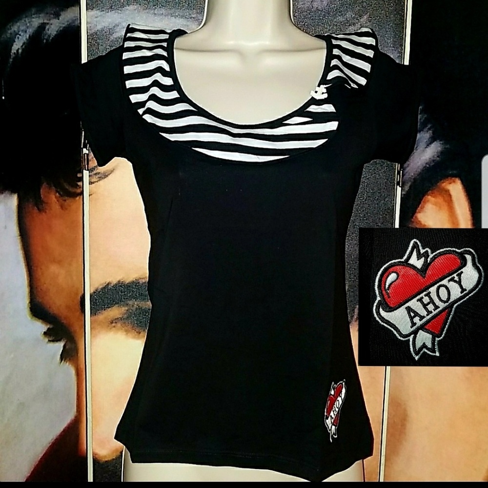 Too Fast Buttercup Ahoy Top Embroidered Red Heart & Stripe Collar w Anchor Charm